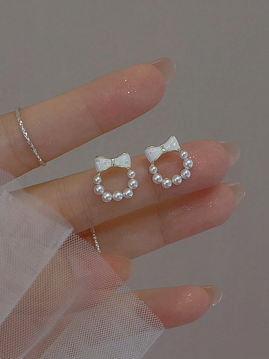 1 对蝴蝶结和温柔珍珠耳环，适合少女，很棒的礼物选择 - 彩色 - 查看 1