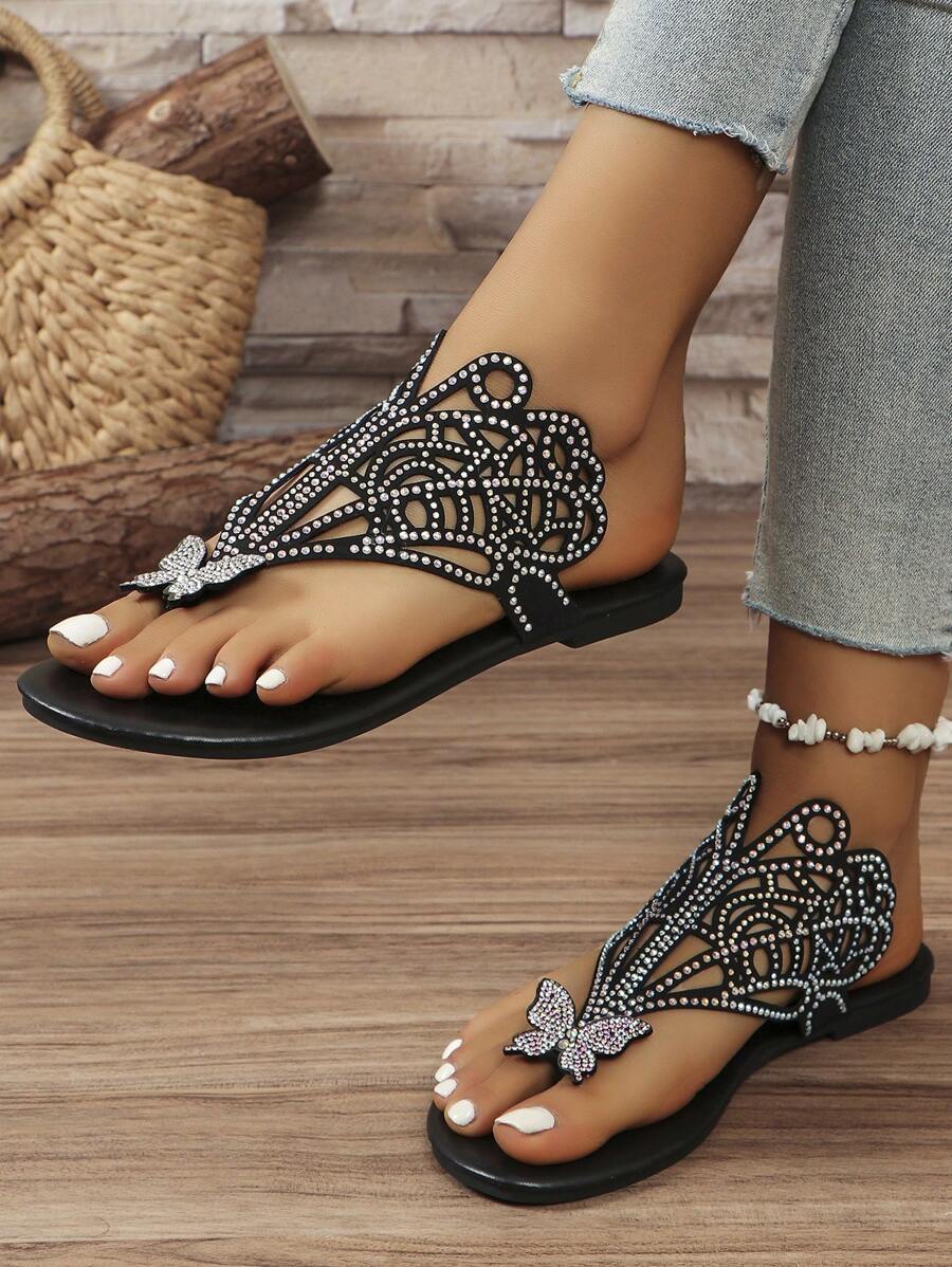 Sandalias romanas retro bohemias de verano 2024 con pedrería para mujeres, zapatos planos de punta abierta con anillo para dedo del pie para playa con tacón bajo