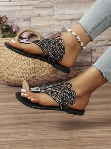 Sandalias romanas retro bohemias de verano 2024 con pedrería para mujeres, zapatos planos de punta abierta con anillo para dedo del pie para playa con tacón bajo - Negro - Ver 4