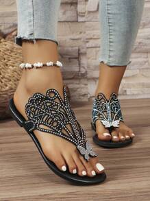 Sandalias romanas retro bohemias de verano 2024 con pedrería para mujeres, zapatos planos de punta abierta con anillo para dedo del pie para playa con tacón bajo - Negro - Ver 5