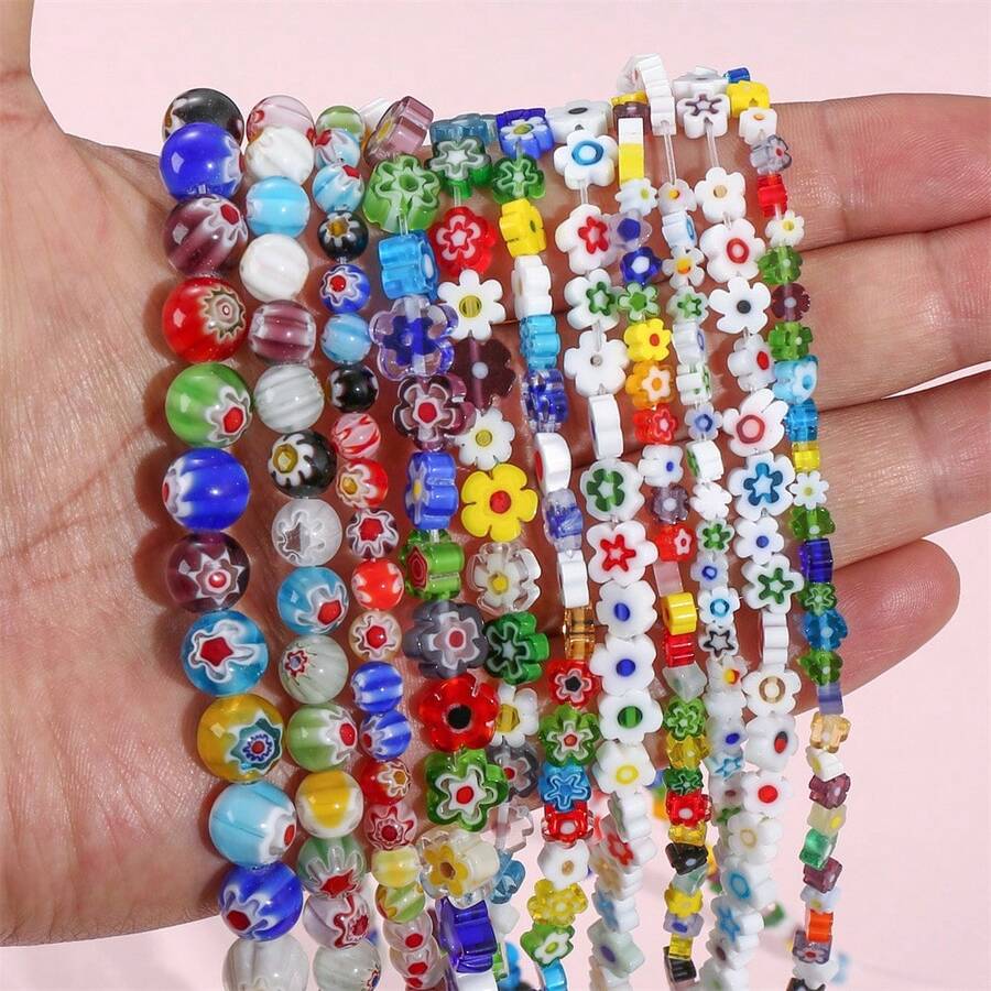 4/6/8/10mm彩色花卉燈工玻璃珠印花玻璃圓珠散珠,適用於自製手鍊、項鍊、耳環等珠寶配件、用品 - 彩色 - 查看 1