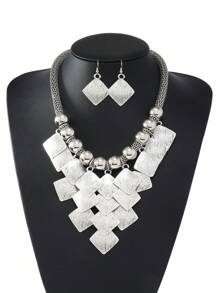 2 piezas Aretes y 1 pieza Collar de cadena con bloque de cuentas geométricas multicapa con borla, conjunto de joyas casuales para fiesta en la playa para mujeres - Estrella - Ver 8