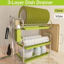 LIVINGANDHOME Living And Home 3 Layers Dish Drainer Rack,Compact Stainless Steel Dish Drying Rack With Drain Tray,Cutting Board Holder And Cutlery Holder,Kitchen Organizer Storage Shelf For Countertop - 綠色 - 查看 8
