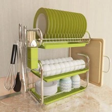LIVINGANDHOME Living And Home 3 Layers Dish Drainer Rack,Compact Stainless Steel Dish Drying Rack With Drain Tray,Cutting Board Holder And Cutlery Holder,Kitchen Organizer Storage Shelf For Countertop - 綠色 - 查看 3