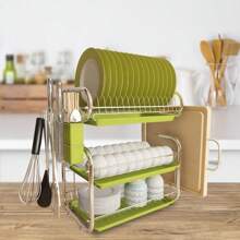 LIVINGANDHOME Living And Home 3 Layers Dish Drainer Rack,Compact Stainless Steel Dish Drying Rack With Drain Tray,Cutting Board Holder And Cutlery Holder,Kitchen Organizer Storage Shelf For Countertop - 綠色 - 查看 4