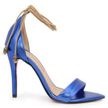 Sandália de Grife Feminina Azul Salto Alto Bico Folha Fecho de Cordão Confortável Moderna Versátil