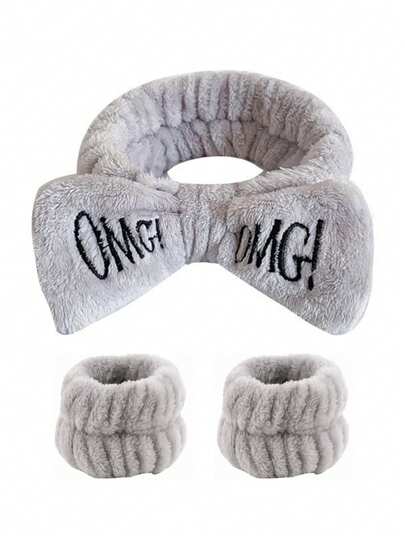 1条蝴蝶结装饰浴室头带和2条浴室腕带，涤纶材质，适用于浴室、发间、发饰、头巾式头带、秋冬度假装扮，女士优雅围巾式头巾，柔软舒适