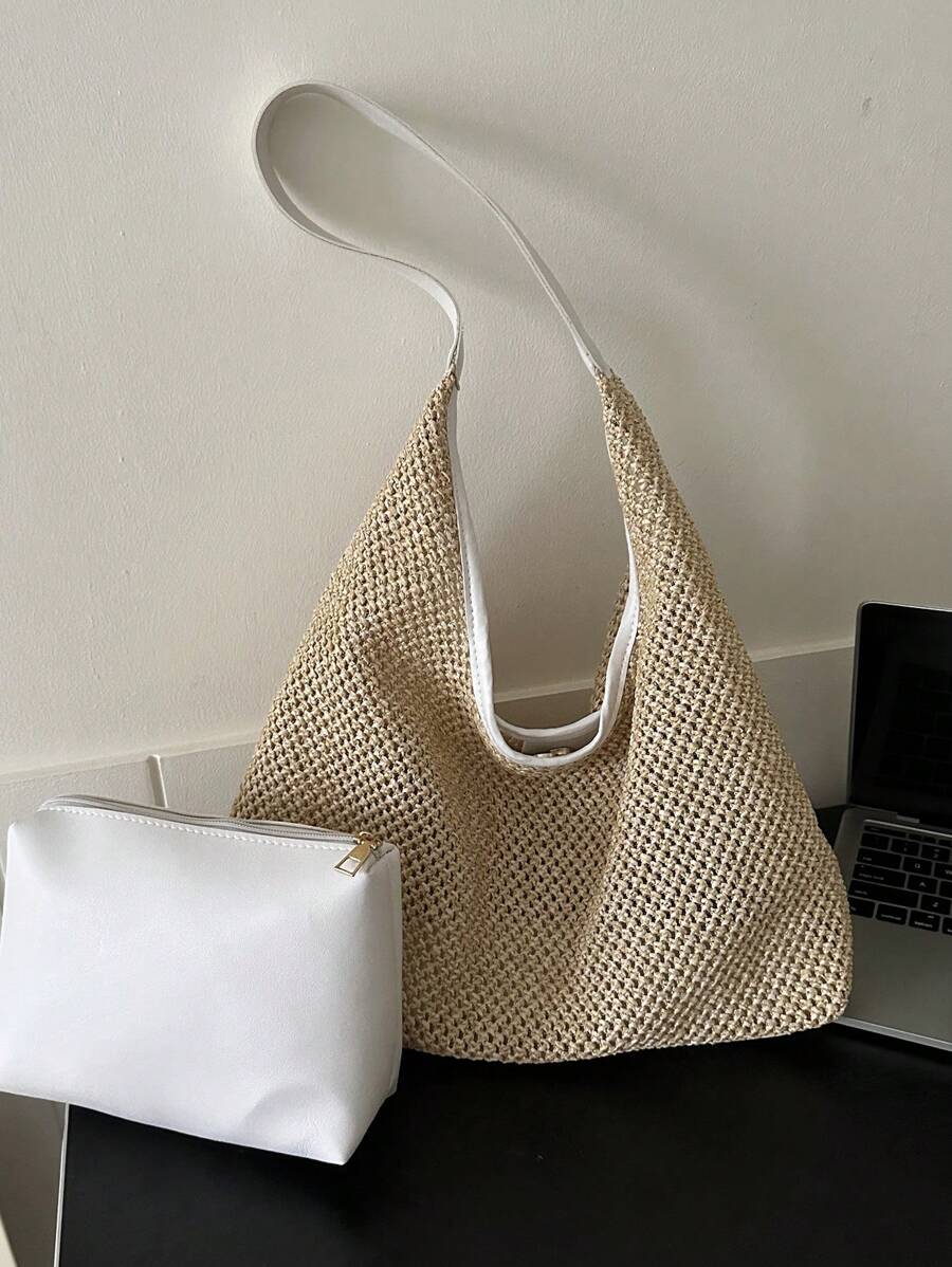 夏季手編肩托包，附有小包，適用於夏季度假，草編錢包，草編沙灘包，沙灘必備，夏季必備，沙灘必需品和夏季必需品，是最適合沙灘氛圍的女士包