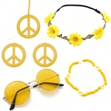 6 Stück Hippie Kostüm Accessoires Set, Boho Friedenszeichen Gänseblümchen 60er 70er Jahre Party Geschenke Dekorationen für groovige Party Halloween