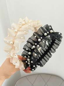 1pc Girls' New French Style Mesh & Pearl Simple Headband - Black - View 3