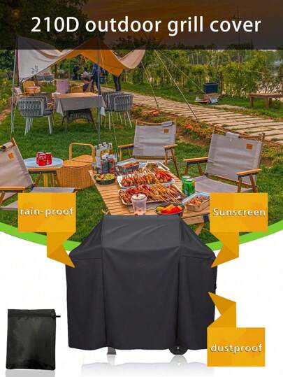1pc Large Bbq Cover, 210d Heavy Duty Waterproof Gas Grill Cover, Black, Heat Resistant, Stain Resistant, Weather Resistant, Bbq Accessories For Gas Grill