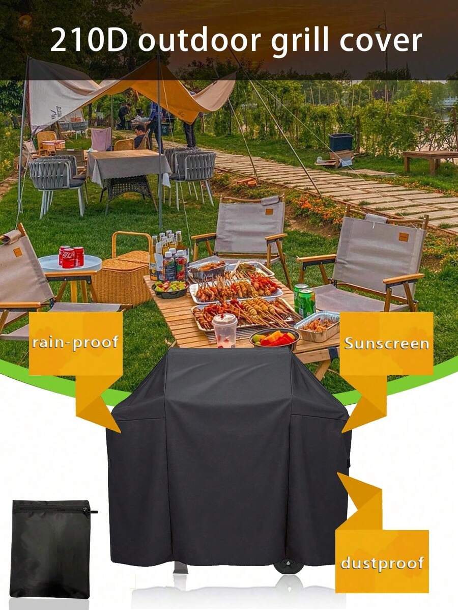1pc Large Bbq Cover, 210d Heavy Duty Waterproof Gas Grill Cover, Black, Heat Resistant, Stain Resistant, Weather Resistant, Bbq Accessories For Gas Grill - Black - View 1