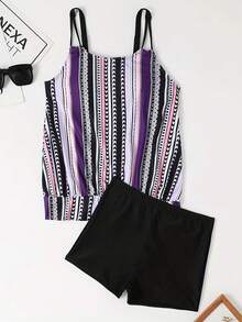 Striped & Polka Dot Printed Vest Top With High Elastic Shorts 2pcs Tankini Set Summer - Purple - View 3