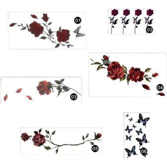 6入組含玫瑰、蝴蝶和暗黑紋身圖案的臨時刺青貼紙,女性專用,防水且持久