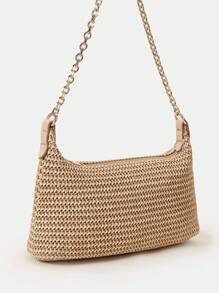 New Arrival Fashionable Bohemian Style Woven Rattan Bag With Chain Strap, Shoulder Bag, Suitable For Daily Casual, Vacation, Shopping And Outfit Matching, Tready Crescent Moon Bag For Women