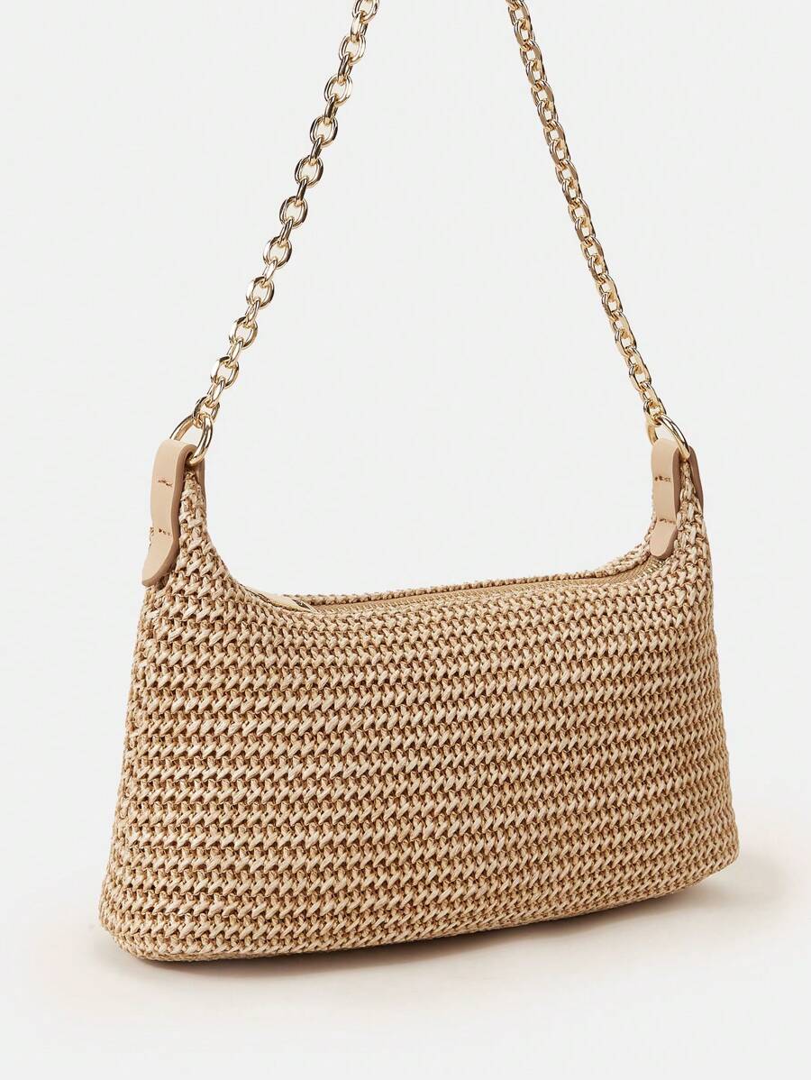 New Arrival Fashionable Bohemian Style Woven Rattan Bag With Chain Strap, Shoulder Bag, Suitable For Daily Casual, Vacation, Shopping And Outfit Matching, Tready Crescent Moon Bag For Women