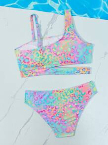 Tween Girl Detachable Padded Fluorescent Green Leopard Print Split Bikini Set Summer Beach - Multicolor - View 2