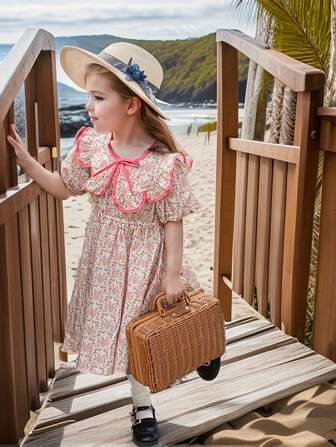 女孩休闲碎花短袖连衣裙，轻盈，适合春夏季