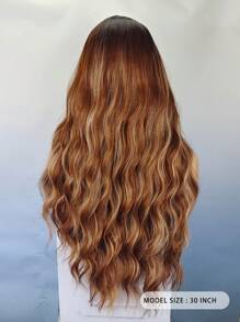 Brown Highlight Synthetic Wigs With Bangs For  Long Ombre Honey Brown Wave Wig Heat Resistant Hair Natural Wig