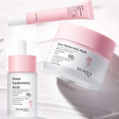 3入組玫瑰透明質酸保濕面霜50g、營養精華液30ml、眼霜20g,實惠家居套裝,保濕、亮膚、緊緻肌膚,男女日常護膚