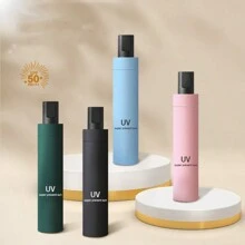 1pc Of 8-Rib Manual Umbrella, Triple-Folded With Thick Black Vinyl For Sun Protection And Travel - Pink - View 3