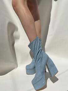 BOTAS BRILLOS MUJER BOTINES DE PLATAFORMA TACON GRUESO DAMA - Azul - Ver 1