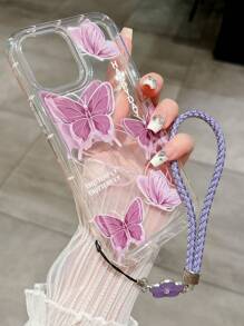 夏季新款透明紫蝴蝶 TPU 手機殼，具有防震和矽膠繩保護 - 紫色 - 查看 4