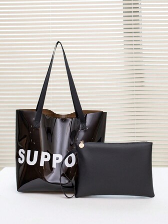 1pc Fashion Clear Inner Bag Large Handbag Set, Minimalist Shoulder Tote Bag With Letter Design, Black, Roomy Capacity, Gift Or Shopping