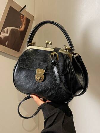 Vintage Lock Handbag For Women, Textured & Stylish Clasp Purse, Versatile Shoulder & Crossbody Bag