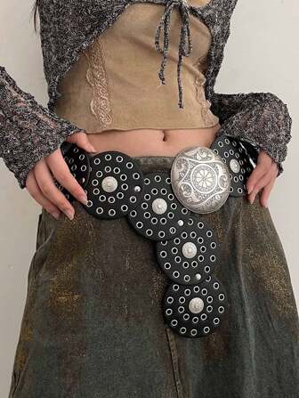 1pc Women's Black Pu Hollow Out Western Style Metal Grommets Round Buckle Belt Summer, School Fall, Autumn, Halloween