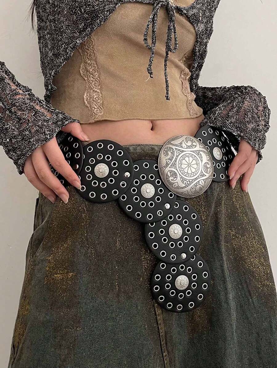 1 件女士黑色 PU 镂空西式金属索环圆形带扣腰带夏季、学校秋季、秋季、万圣节 - 黑色 - 查看 1