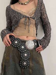 1 件女士黑色 PU 镂空西式金属索环圆形带扣腰带夏季、学校秋季、秋季、万圣节 - 黑色 - 查看 5