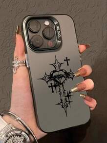 Goth Apple 1pc Imd Material Transparent Black With Camera And Heart & Cross Pattern Phone Case Compatible With IPhone11/12/13/14/15/15pro/15 Plus/15 Promax/7plus/8plus/X/Xs Max/Xr/11pro/12pro/13pro/14pro/12mini/13mini/11promax/12promax/13promax/14promax/14plus/6/6s/6plus/7/8/Se Waterproof Shockproof Anti-Fall Scratch Resistant