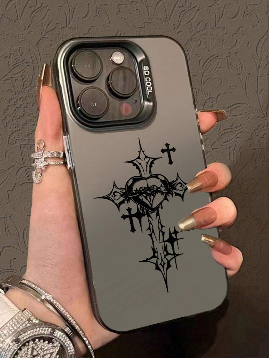 Goth Apple 1pc Imd Material Transparent Black With Camera And Heart & Cross Pattern Phone Case Compatible With IPhone11/12/13/14/15/15pro/15 Plus/15 Promax/7plus/8plus/X/Xs Max/Xr/11pro/12pro/13pro/14pro/12mini/13mini/11promax/12promax/13promax/14promax/14plus/6/6s/6plus/7/8/Se Waterproof Shockproof Anti-Fall Scratch Resistant