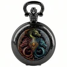 1入組 复古龍紋石英口袋鐘錶，酷炫黑色項鍊口袋鐘，獨特掛鍾禮物 - 黑色 - 查看 2