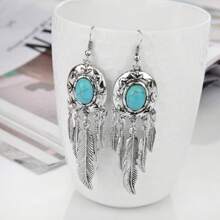1 Paire De Boucles D'oreilles À Glands Bohémiennes En Alliage De Plumes Et De Feuilles De Turquoise Nouvellement Conçues Pour Femmes, Idéales Pour Les Rendez-vous, Les Fêtes Ou Les Concerts