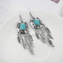1 Paire De Boucles D'oreilles À Glands Bohémiennes En Alliage De Plumes Et De Feuilles De Turquoise Nouvellement Conçues Pour Femmes, Idéales Pour Les Rendez-vous, Les Fêtes Ou Les Concerts