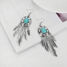 1 Paire De Boucles D'oreilles À Glands Bohémiennes En Alliage De Plumes Et De Feuilles De Turquoise Nouvellement Conçues Pour Femmes, Idéales Pour Les Rendez-vous, Les Fêtes Ou Les Concerts