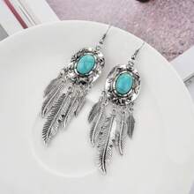 1 Paire De Boucles D'oreilles À Glands Bohémiennes En Alliage De Plumes Et De Feuilles De Turquoise Nouvellement Conçues Pour Femmes, Idéales Pour Les Rendez-vous, Les Fêtes Ou Les Concerts
