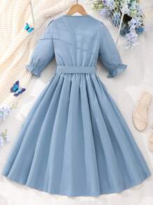 Tween Girl Round Neck Short Sleeve Waist-High Solid Color Dress