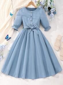 Tween Girl Round Neck Short Sleeve Waist-High Solid Color Dress