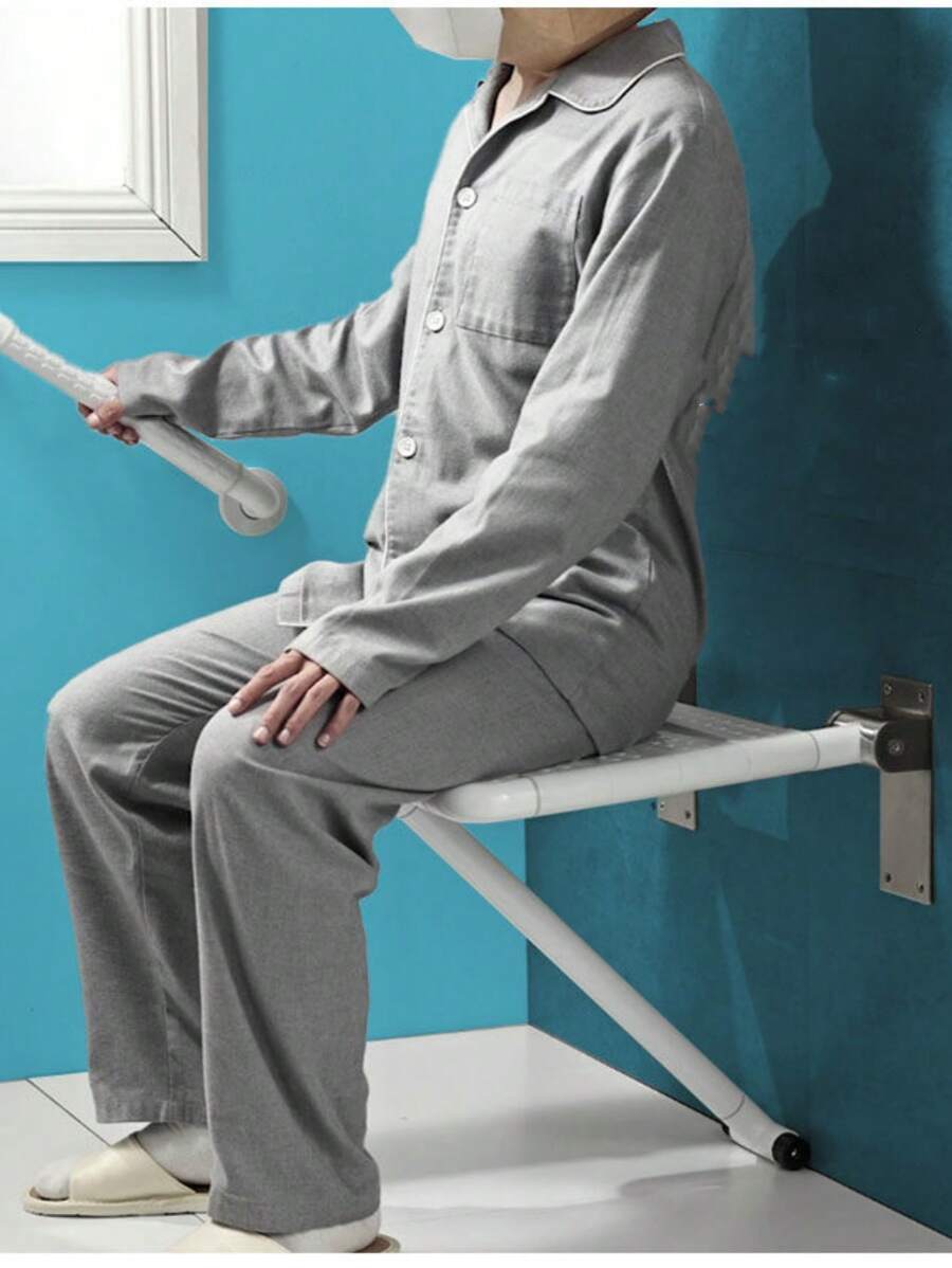 1pc Wall-Mounted Folding Shower Seat, Bathroom Bath Stool And Chair For Elderly, Disabled Individuals - White - View 1