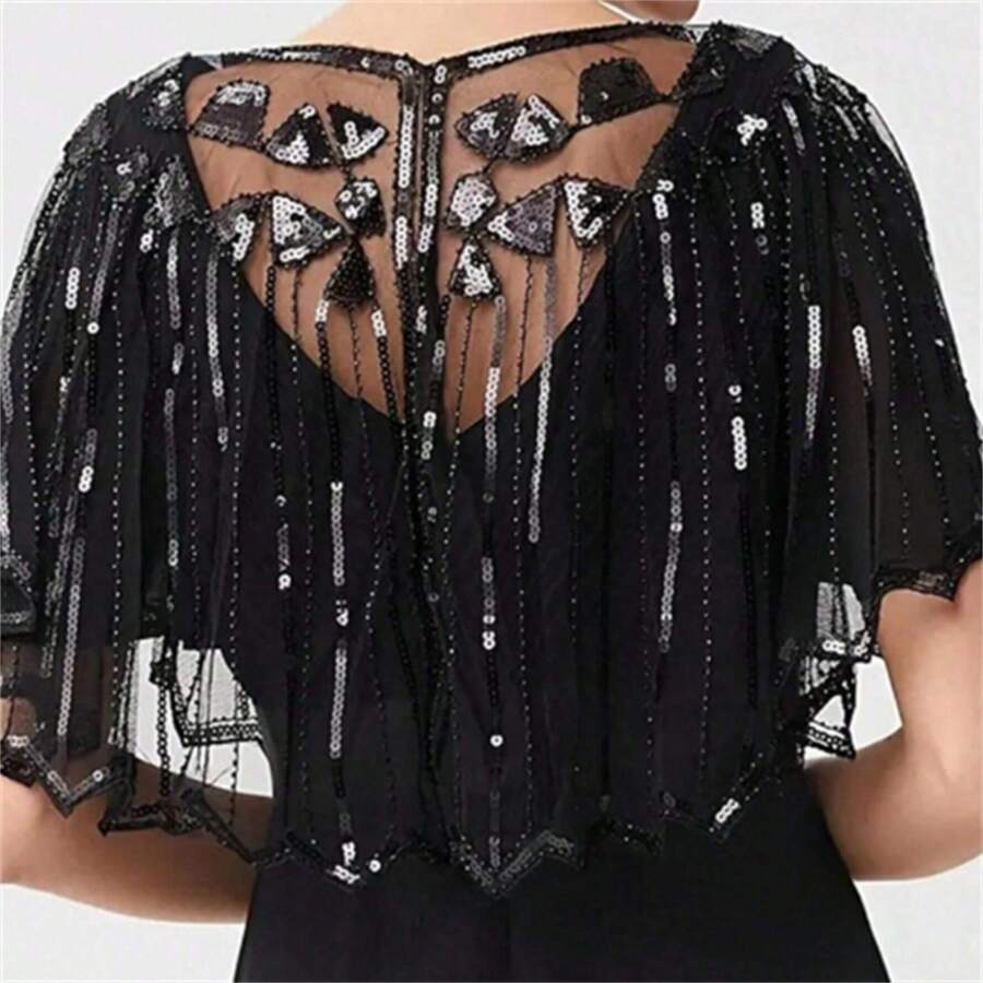 1 Máy Tính Thập Niên 1920 Vintage Punk Đầm Khăn Choàng Sáng Đính Hạt Co Giãn Ngắn Mũi Thanh Lịch Lưới Đầm Nữ Phụ Kiện Flapper khăn Choàng - màu đen - Xem 1