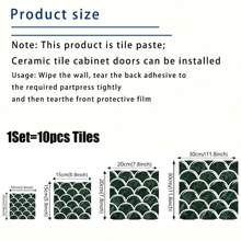 1set/10pcs Modern Style Blue-Green Ombre Wave Pattern Ceramic Tile Sticker, Fresh And Healing Colors, For Kitchen, Bathroom, Cabinet, Wall Decoration, Bar, Waterproof And Removable, Easy To Install