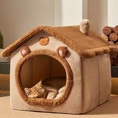 1pc Soft & Half-Enclosed Pet Bed House For Cats And Dogs, Detachable & Washable Winter Warm Cat Bed, Comfortable Small & Medium Size Pet Nest Cave, Four Seasons Available