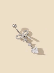 1pc Y2K Style Charm Bow Full Rhinestone Heart Pendant Copper Inlaid Stainless Steel Belly Button Nail Navel Nail Nail For Women Daily Wear Navel Ring Body Jewelry Gift For Friends, Pink, Valentine's Day [Bow Direction May Vary Due To Production Batch] - Silver - View 5