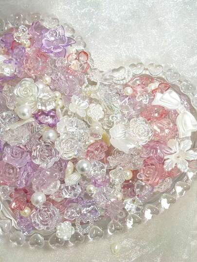 A 70g Ice Transparent Light Purple Pink Three-Dimensional Star Rose Mixture, Bow, Faux Pearl DIY Bracelet, Phone Case, Necklace, Jewelry, Homemade Friend Gifts, Perforated Multifunctional Jewelry, And Decorative Props Valentines