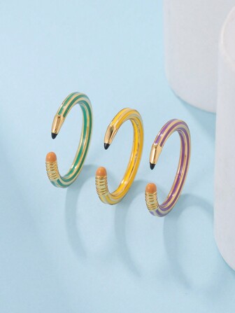 3pcs Unique Creative Enamel Colored Pencil Shaped Open Ring Set For Women, Suitable For Daily Wear, Gift For Classmates, Friends