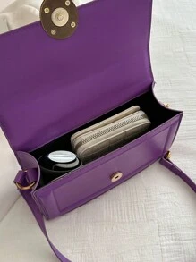 Fashionable Solid Color Vintage Metal Lock Design Shoulder Bag With Simple Flap For Women - Purple - View 8