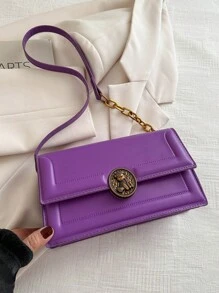Fashionable Solid Color Vintage Metal Lock Design Shoulder Bag With Simple Flap For Women - Purple - View 1